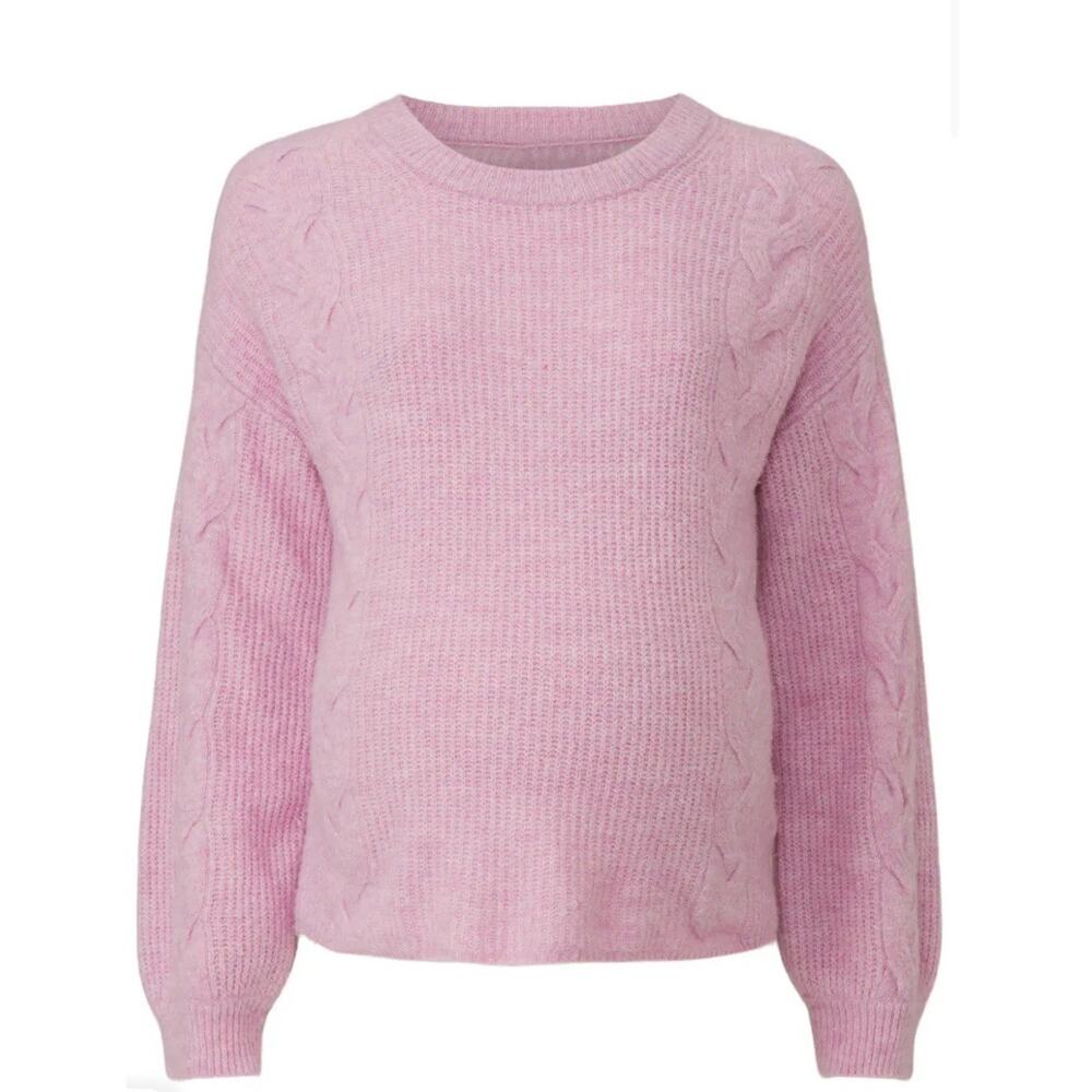 Splendid Women Pink Natalia Cable-Knit Wool Crewneck Long Sleeve Sweater L, $170